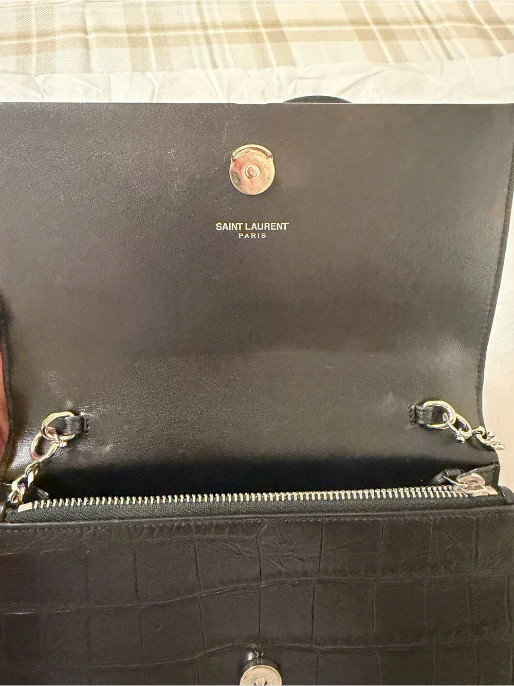 Saint Laurent Black Croc-Embossed Leather Tassel Chain Shoulder Bag